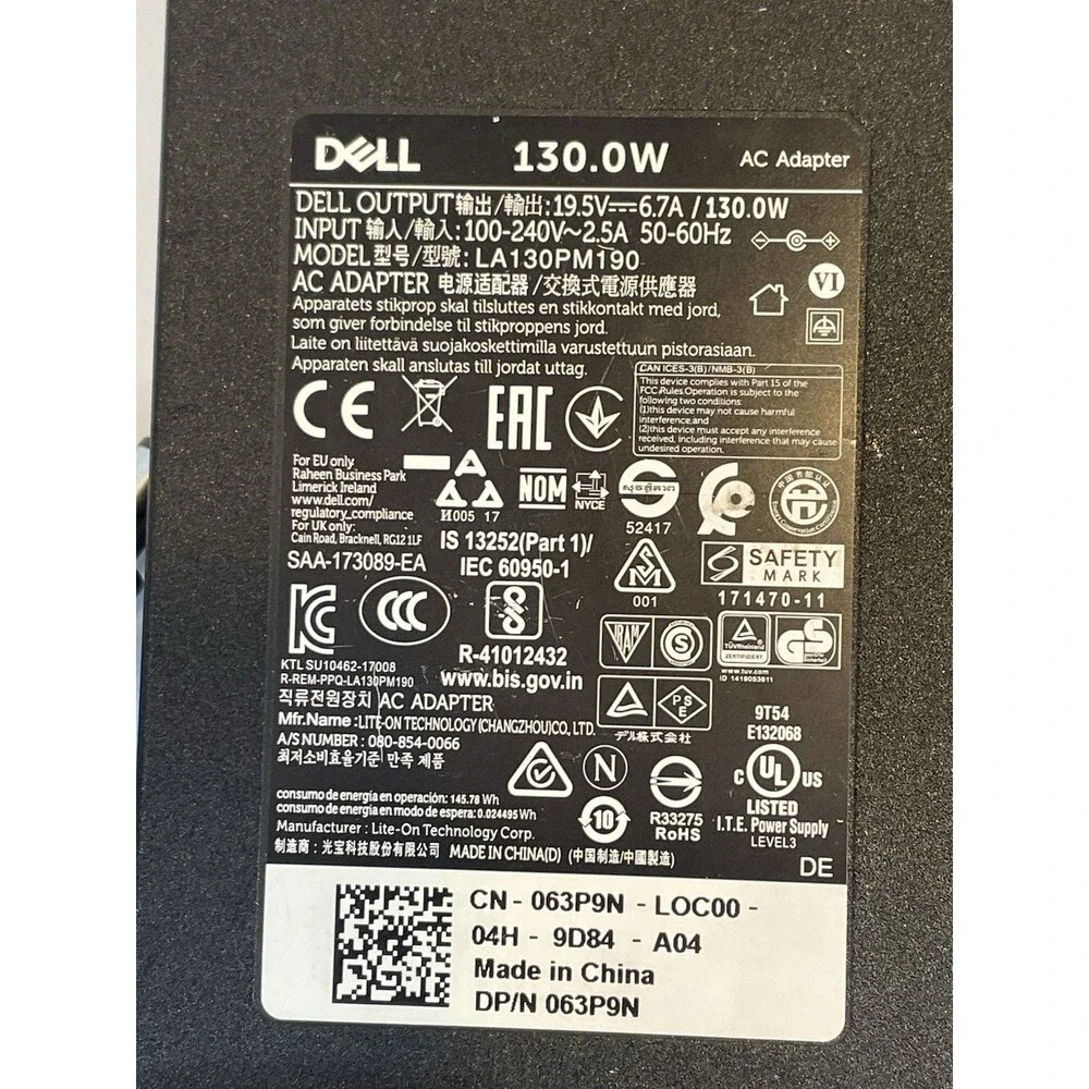 Genuine Dell 130W 19.5V AC Power Adapter Laptop Charger LA130PM190 Tip 7.4mm OEM